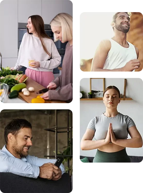 For art-4.webp, here is the optimal, ADA-compliant alt text: "A collage showing women preparing food, a man jogging, a man looking at a smartphone, and a woman meditating