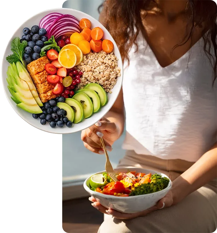 A woman holding a bowl of food and a fork, with a large overhead view of a colorful salad bowl overlaid in the top corner