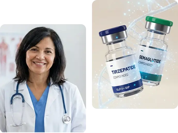 A smiling doctor in a white coat beside two medication vials labeled Compounded Tirzepatide and Compounded Semaglutide