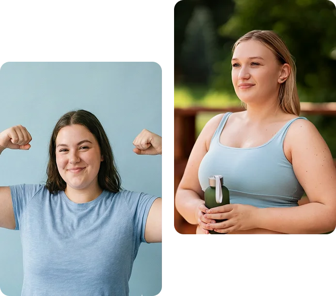 A split image of a smiling woman flexing her biceps, and another woman holding a green water bottle outdoors