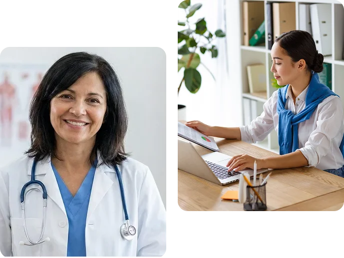 A split image of a smiling doctor in a white coat and a woman typing on a laptop at a desk
