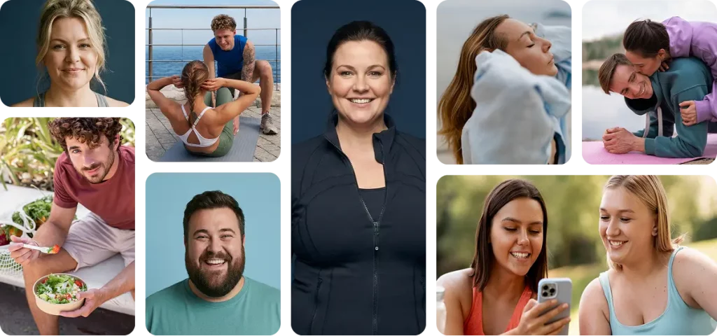 A collage of diverse men and women smiling in portraits, exercising outdoors, and eating healthy food