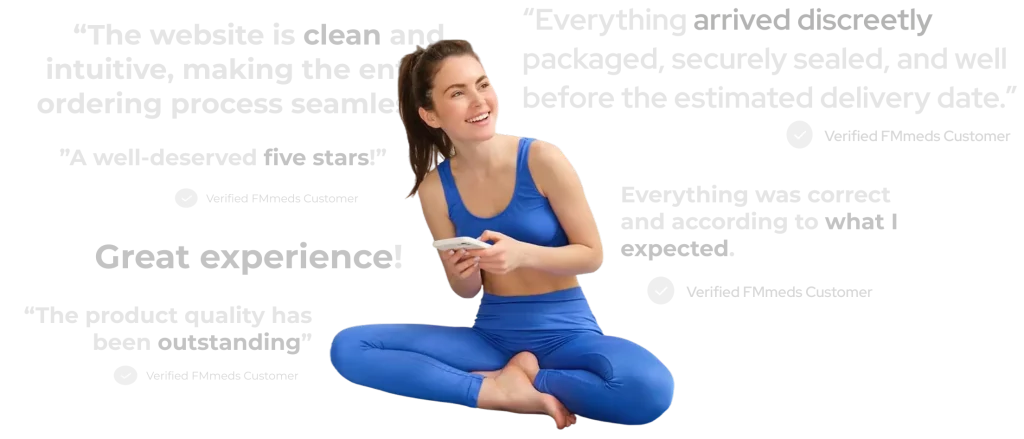 A smiling woman in blue activewear sitting cross-legged with a smartphone, surrounded by positive customer reviews